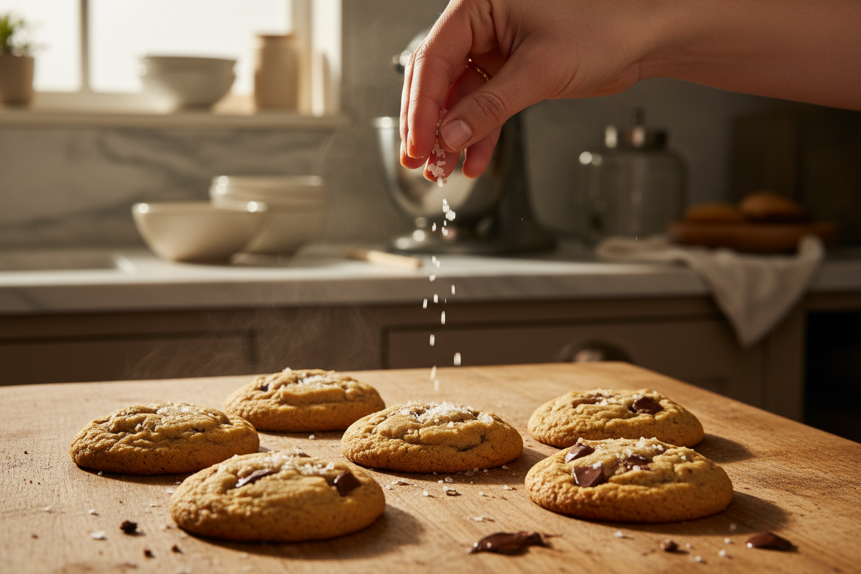 Chocolate chip cookies on a counter with salt being sprinkled on